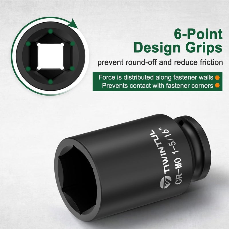 TIWINTUL 1-5/16" Impact Socket 1/2 Inch Drive, Deep CR-MO Steel Impact Socket, 3.07" Length, 6 Point Design, SAE Size, Axle Nut Socket for Easy Removal of Axle Shaft Nuts - Image 4
